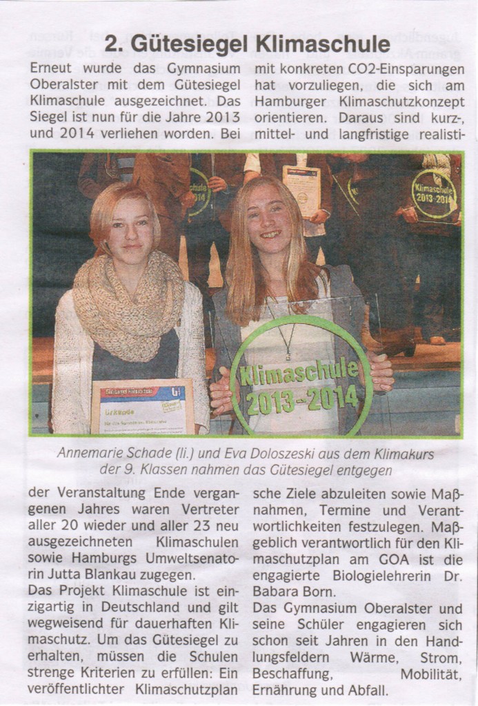 gütesiegel klimaschule alsteranzeiger2013